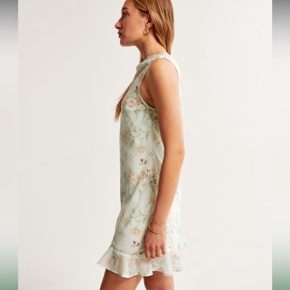 NEW Abercrombie Fitch Sz L High Neck Chiffon Mini Dress In Light Green Floral - Picture 5 of 11